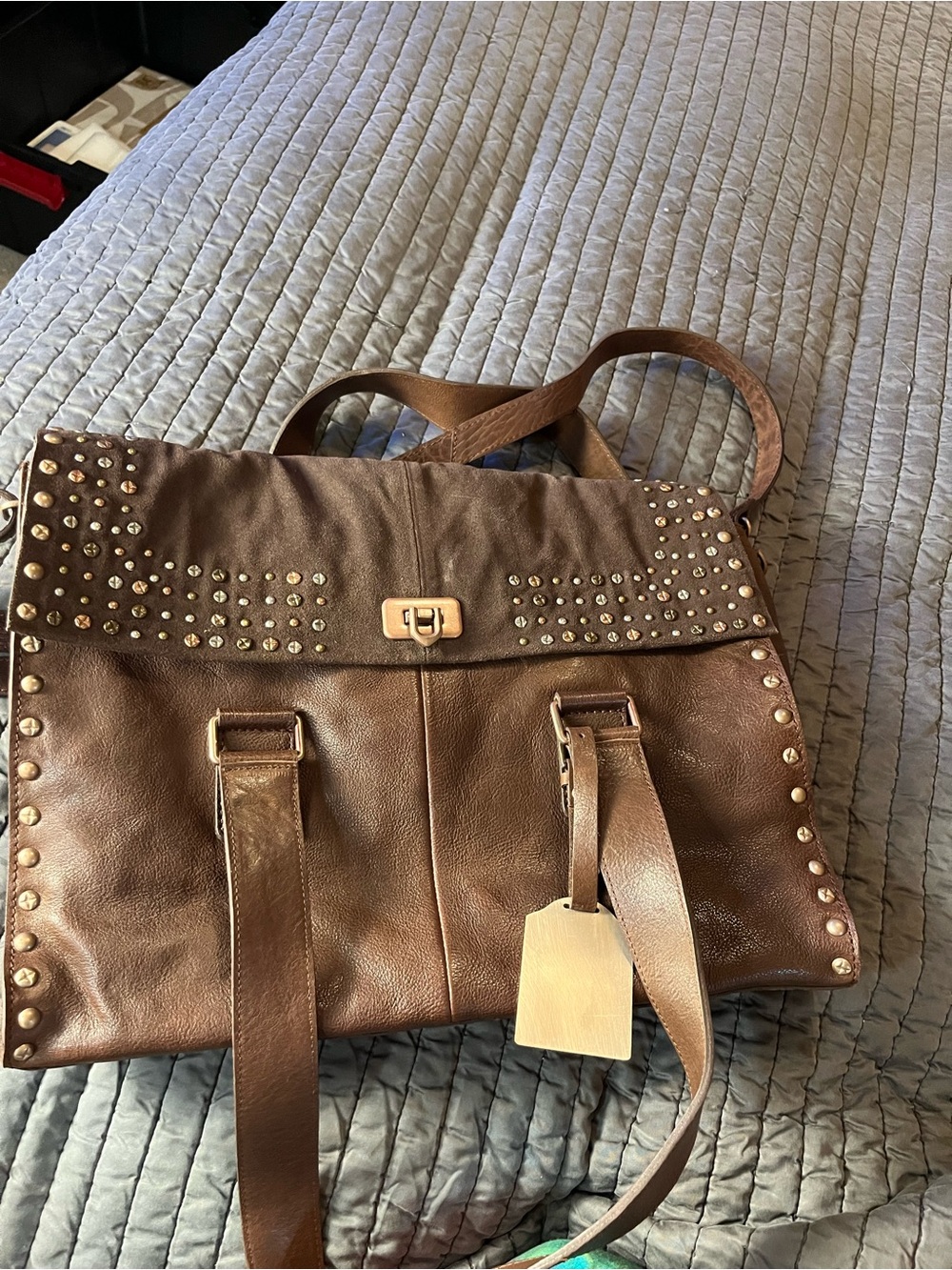Studded Brown Leather Tote Bag